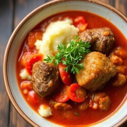 A bowl of hearty tomato bredie with lamb, served with mashed potatoes