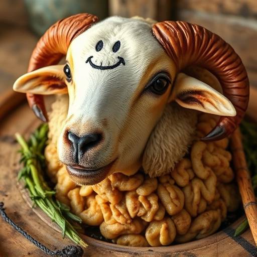 A cooked sheep's head, known as Smiley, ready to be eaten