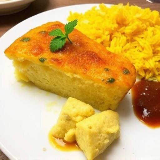 A freshly baked bobotie with a golden crust, served with yellow rice and chutney
