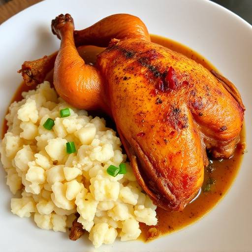 A golden roast chicken served with a side of pap and chakalaka