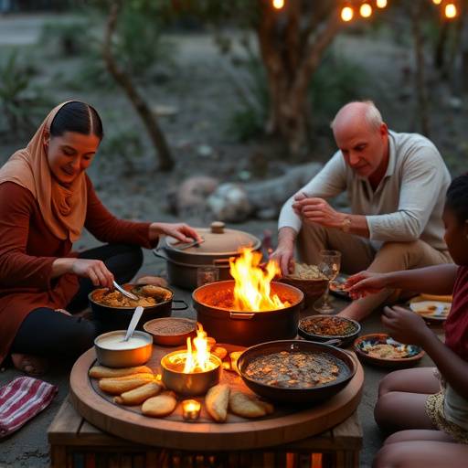 A steaming potjiekos dish being served outdoors, surrounded by a family