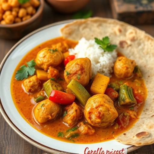A vibrant Cape Malay curry with chicken and vegetables, served with roti