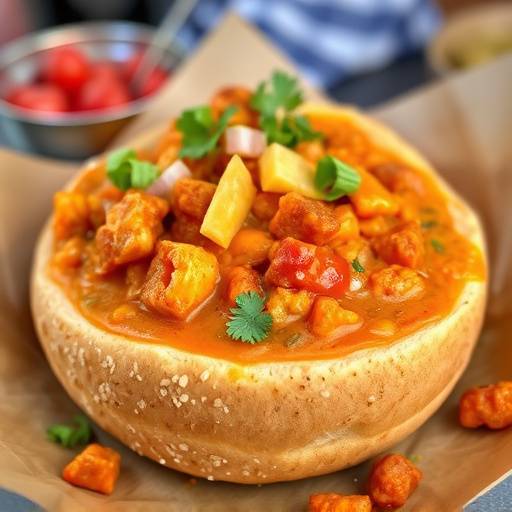 A vibrant plate of Bunny Chow, a South African street food staple, with a hollowed-out loaf of bread filled with spicy curry.