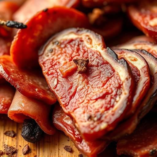 Biltong, cured and dried meat, sliced and ready to eat.