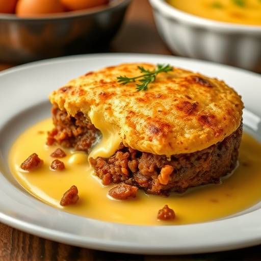 Bobotie, a spiced minced meat dish baked with an egg custard topping.