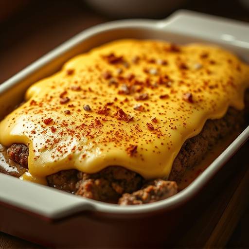 Bobotie, a spiced minced meat dish with an egg custard topping, served in a baking dish