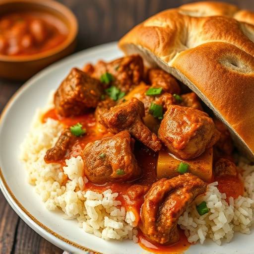 Bunny Chow, a hollowed-out loaf of bread filled with spicy mutton curry, on a plate