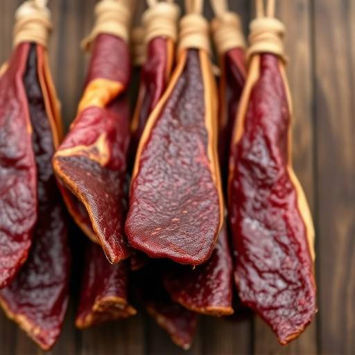Close-up of various cuts of Biltong hanging and displayed on a wooden surface
