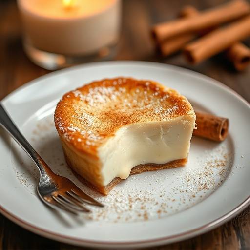 Melktert, a traditional South African milk tart with a custard filling and cinnamon dusting, served on a plate.