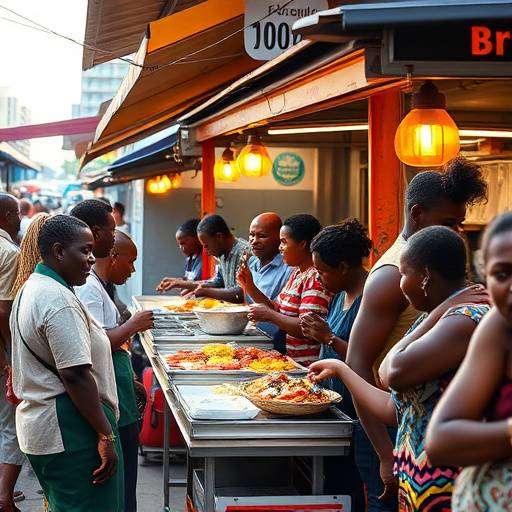 People enjoying street food together at a market in South Africa
