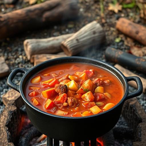 Potjiekos, a meat and vegetable stew cooked in a traditional three-legged cast iron pot over an open fire, simmering outdoors
